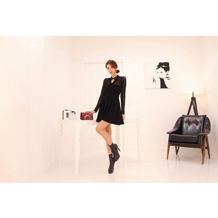 W4547 Đầm xòe phối ren thắt nơ cao cấp cho người mập hàng nhập