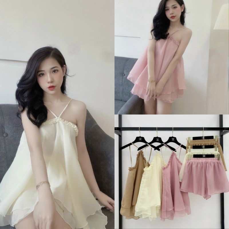 Set Yếm Nữ Ms.1208 Áo Cổ Yếm Dáng Xòe Hai Tầng, Viền Ly Phối Quần Short Ống Rộng Chất Tơ Nến Hai Lớp