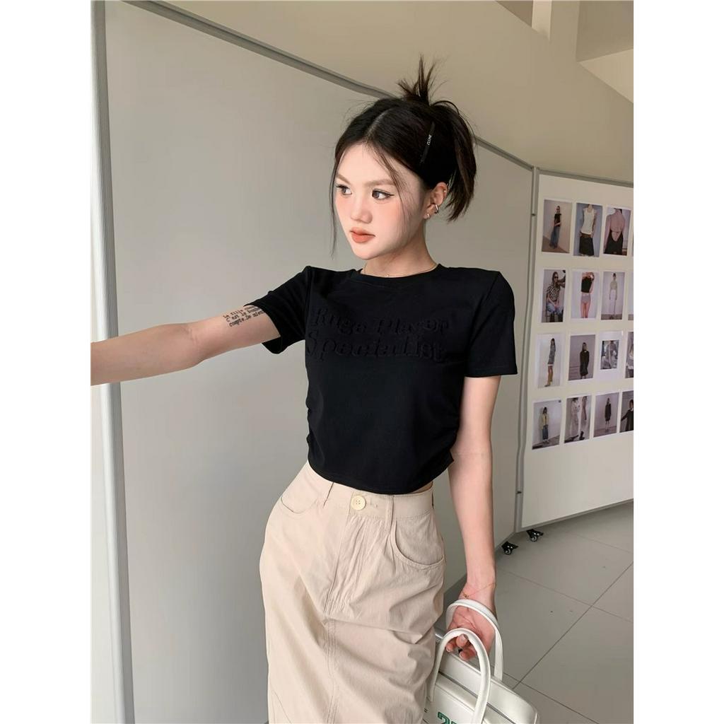 Áo Thun Croptop Cổ Tròn Tay Ngắn Dáng Ôm In Chữ Thời Trang Mùa Hè 2023 Cho Bạn Gái