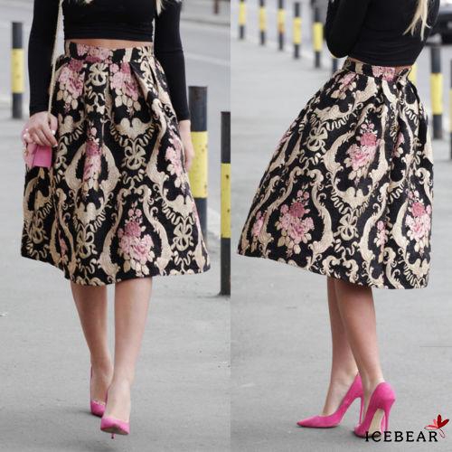 A2R-Vintage Women Floral Stretch High Waist Pleated Swing Long Dress Party A-Line Skirt