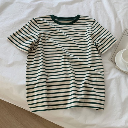 Áo Thun Cotton Ngắn Tay Họa Tiết Kẻ Sọc Thời Trang Mùa Hè Hàn Quốc Mới Cho Nữ