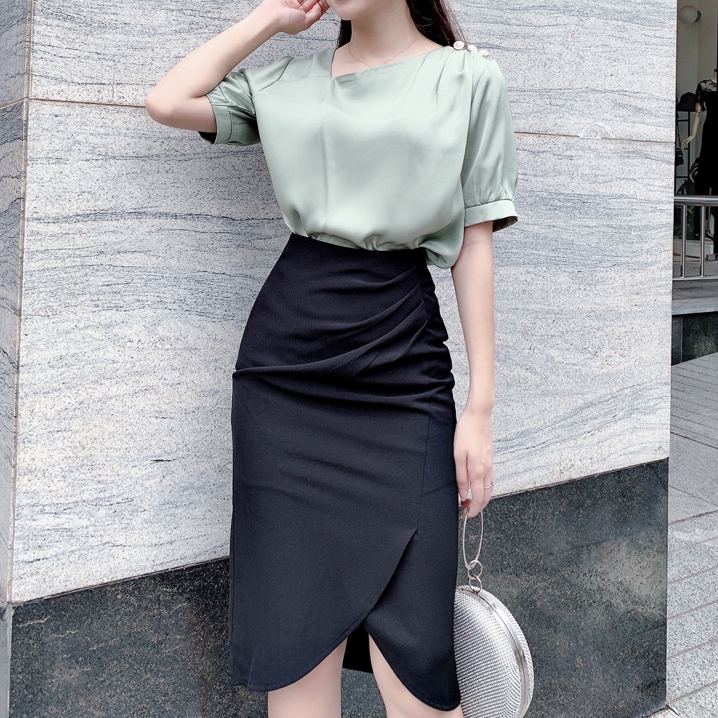 Chân váy rúm lệch dài qua gối công sở HILA (Mã SP CV871) | BigBuy360 - bigbuy360.vn
