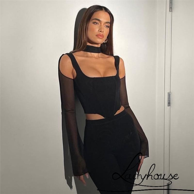 Áo Thun Tay Dài Dáng Ngắn Khoét Lỗ Hở Rốn Màu Trơn Cho Nữ