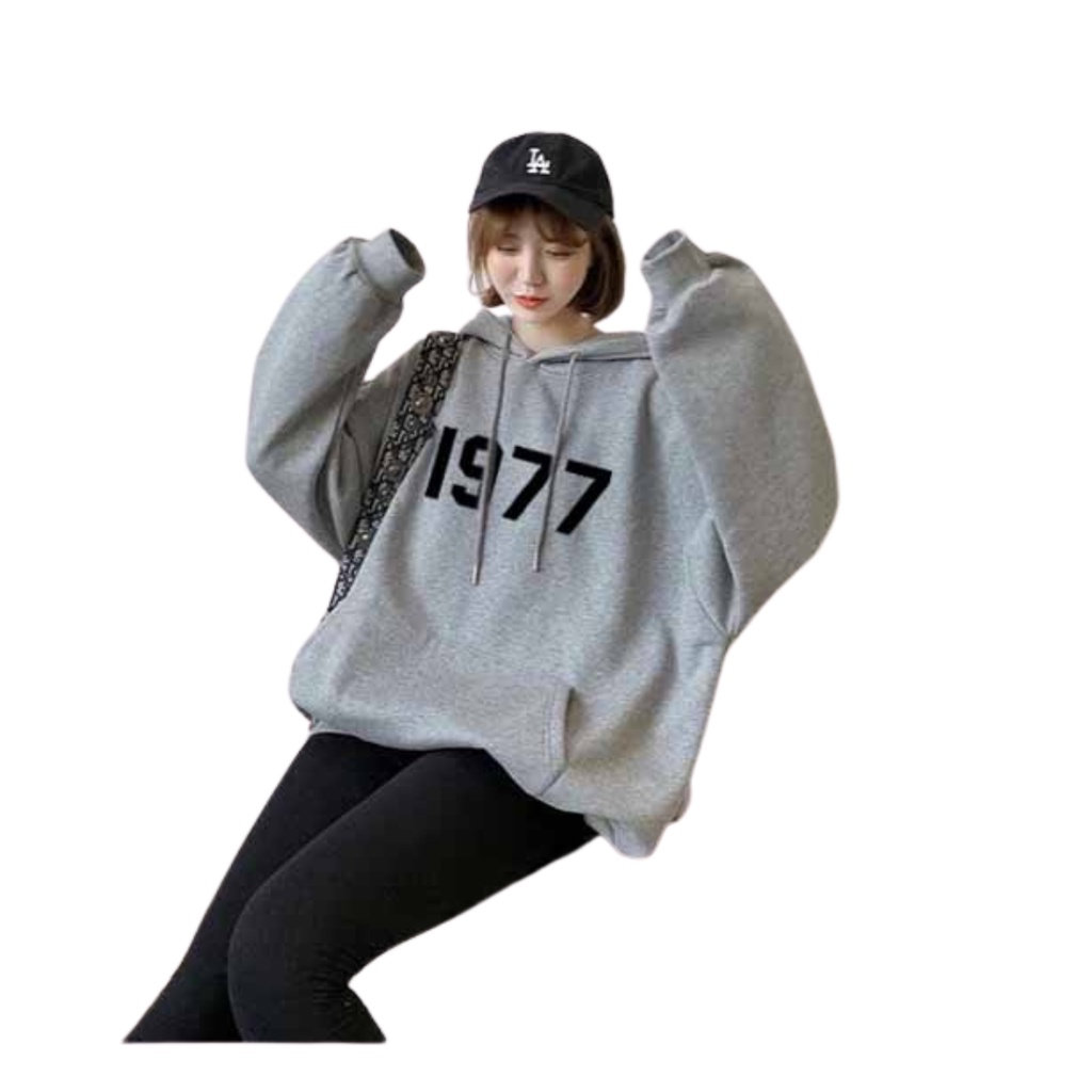 Áo Hoodie chân cua In số 1977 unisex dành cho nam và nữ có mũ form rộng BASIC - Đen Xám Trắng Kem