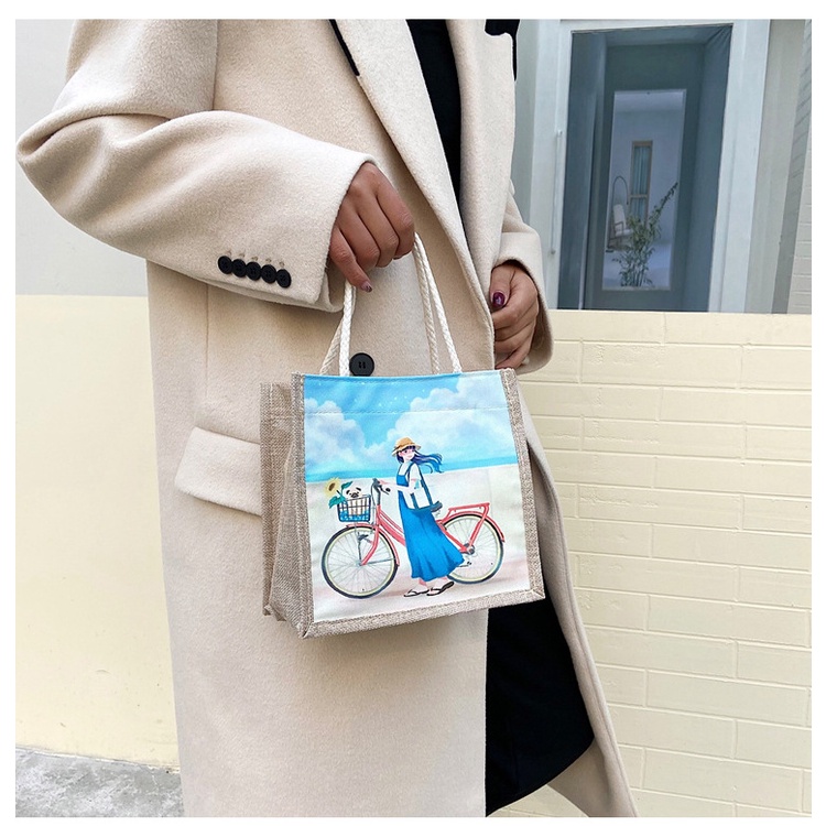 Túi tote vải lanh nhỏ nhắn in họa tiết hoạt hình phong cách Nhật Bản xinh xắn hợp thời trang dành cho nữ