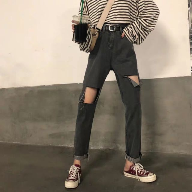 Quần slim baggy jeans xám rách ô xẻ cạp cao ulzzang kèm ảnh thật