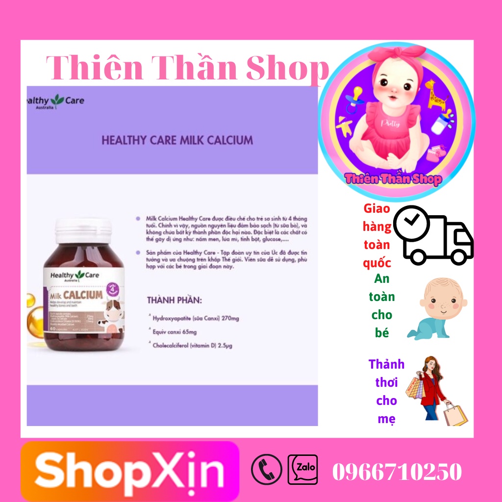 Canxi sữa (60v) bổ sung canxi và vitamin D3 cho bé từ 4 tháng tuổi Healthy Care Milk Calcium, Úc - Thiên Thần Shop