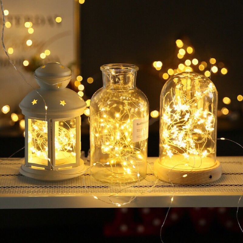 Đèn led trang trí dùng pin dây dài 2m màu vàng ấm 3 chế độ nháy tùy chọn