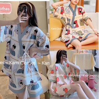 Bộ ngủ Pijama 2 dây eo họa tiết, Bộ ngủ nữ ngắn tay - KAMI Clothes