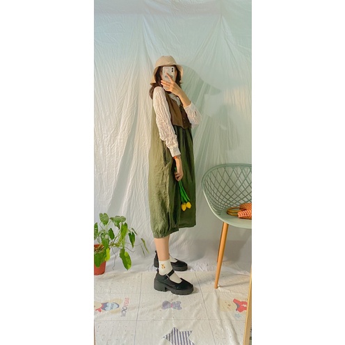 Đầm xanh rêu linen bo chun