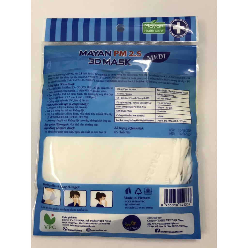 Khẩu trang kháng khuẩn PM2.5 Mayan 3D Mask - Gói 5 cái