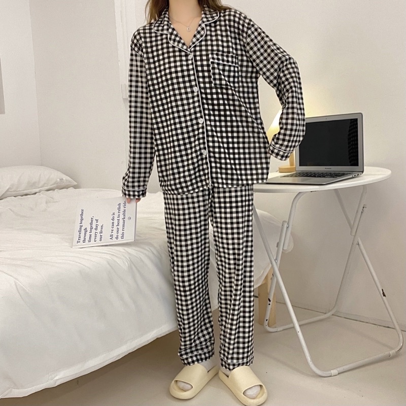 [CÓ SẴN] Đồ ngủ pijama dài tay quần dài kẻ caro hè thu đông Hàn Quốc ullzang dễ thương