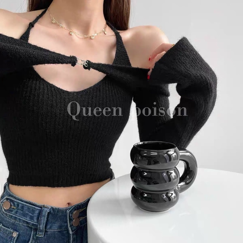 Áo len giấy mỏng trễ vai cổ yếm kiếu mới, chất len monhtoghi
