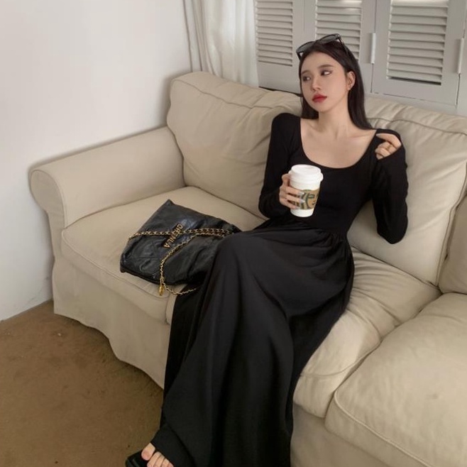 [Hana And Alice] Cổ áo vuông màu đen kết hợp với váy dài eo cao mới vào mùa thu