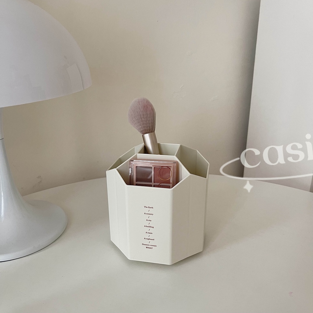 Khay nhựa xoay 360 đựng cọ trang điểm, hộp đựng bút đa năng nhiều ngăn màu trắng kiểu Hàn Casimi Deco