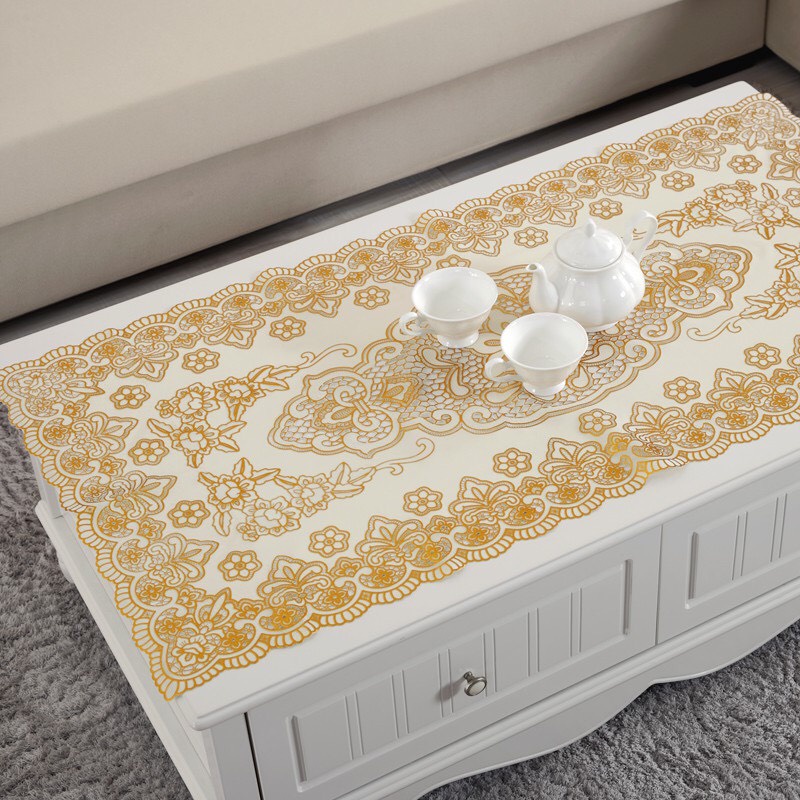 Khăn Trải Bàn Hoa Văn Ren Vàng Dập Nổi  Kích Thước 120 x 60cm, Giao Hoa Văn Ngẫu Nhiên