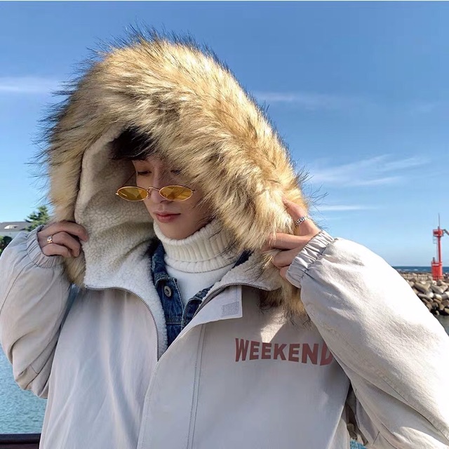 Áo khoác phao kaki unisex mũ lông lót lông cừu in chữ WEEKEND siêu dày siêu ấm ulzzang hàn quốc