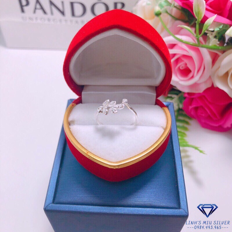 Nhẫn nữ bạc thật hình chiếc lá nhỏ xinh đính đá LINH MIU SILVER
