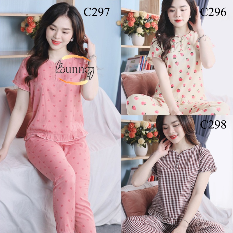 ĐỒ BỘ NỮ CỔ BÈO, QUẦN ÁO BỘ NỮ MẶC NHÀ CHẤT LIỆU ĐŨI LẠNH, KATE HÀN HỌA TIẾT XINH