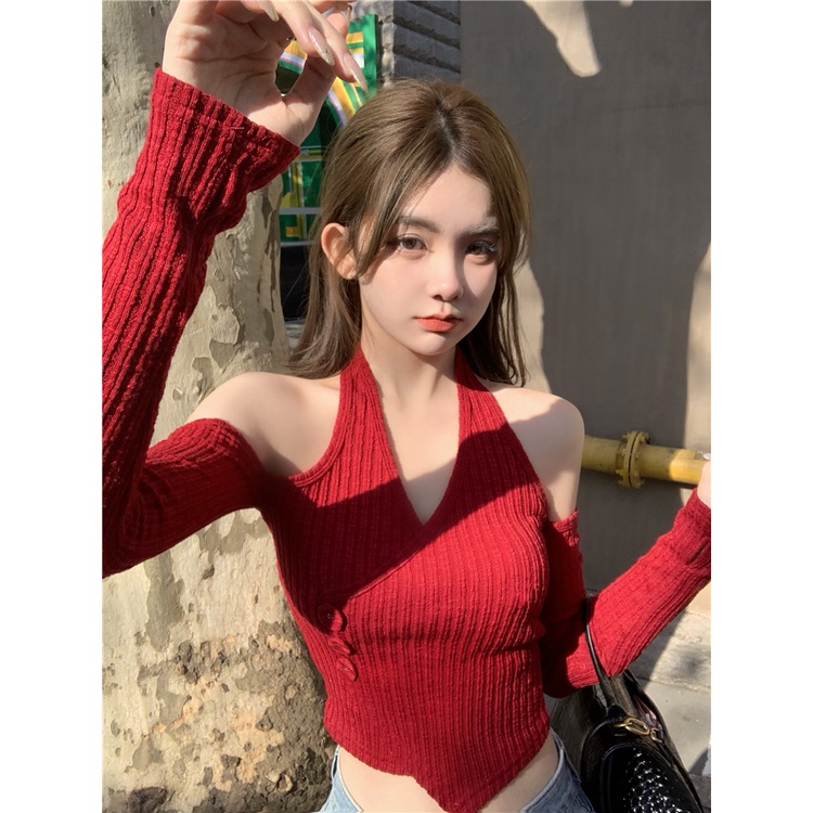 Áo yếm len dệt kim croptop tay dài cổ chữ V dáng ôm hở lưng khoét lỗ vai sexy trễ ulzzang ( 3 màu )
