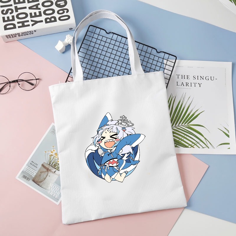 Túi tote vải trắng đeo vai in hình GAWR GURA Hololive Vtuber phong cách anime chibi tiện lợi thời trang