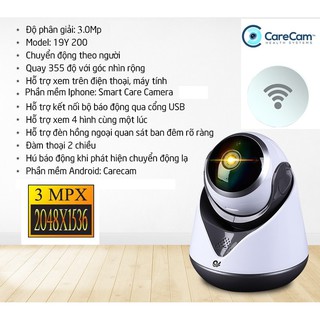 Camera ip, Camera wifi Trong Nhà CareCam 3.0MPX Full HD 1080, Đàm thoại 2 chiều.