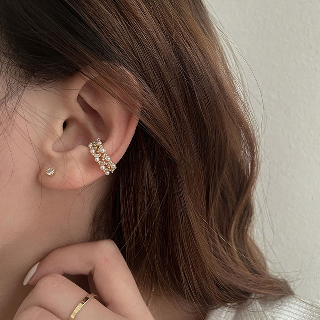 Khuyên Tai Kẹp Vành Không Xỏ Lỗ Đính Ngọc Trai Zircon Đơn Giản Cao Cấp Phong Cách Hàn Quốc Cho Nữ