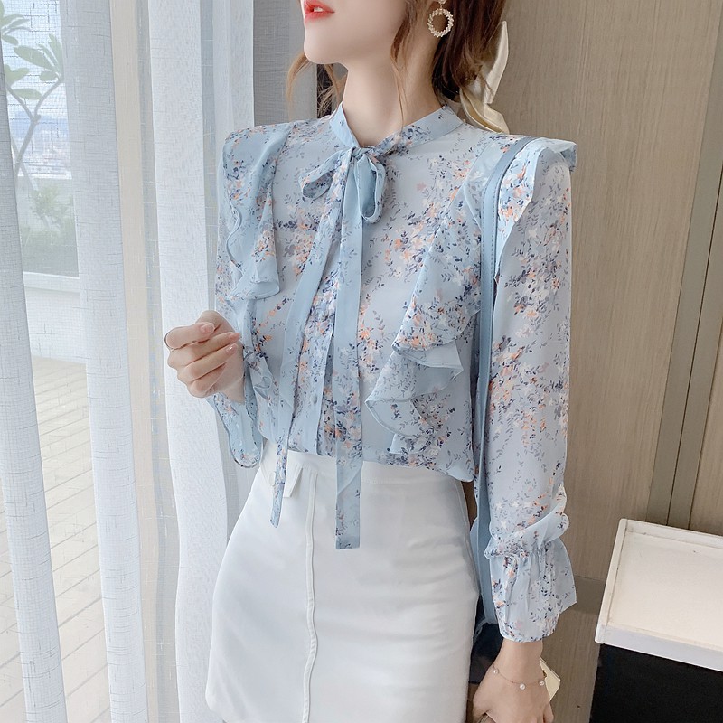 Áo Kiểu Chất Chiffon Tay Loe Hoạ Tiết Hoa Phong Cách Hàn Quốc