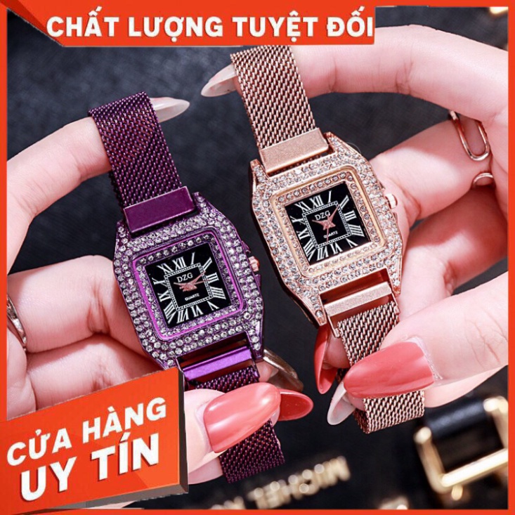 (Giá sỉ) Đồng hồ thời trang nữ DZG dây lưới nam châm mặt chữ nhật đính đá cực đẹp - Hàng nhập khẩu