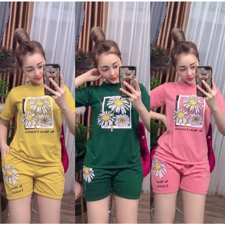 ĐỒ BỘ QUẦN ÁO THUN ĐÙI IN 3 BÔNG CÚC THỜI TRANG 3 size 45-62KG