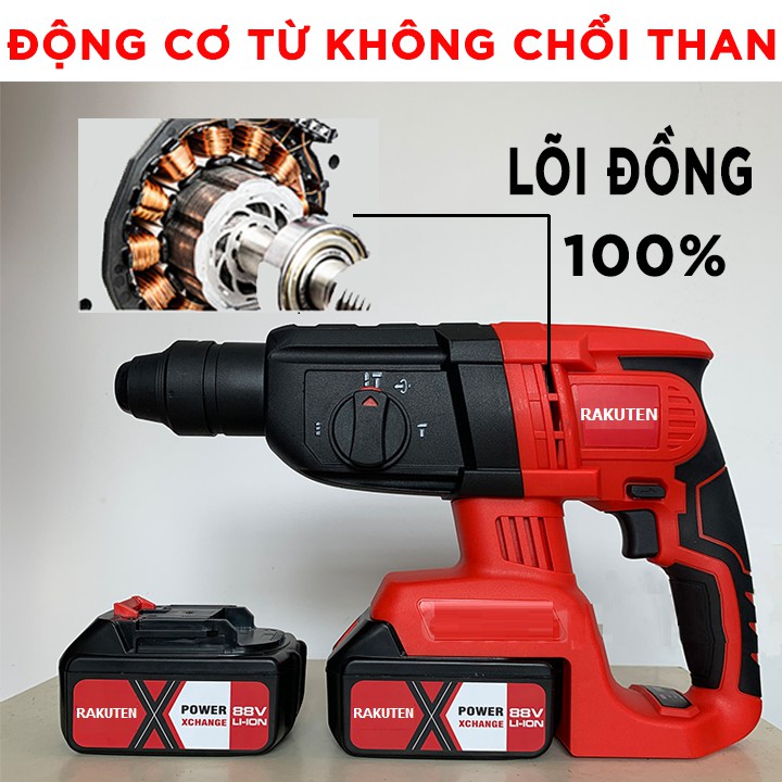 Máy khoan bê tông dùng pin 3 chức năng 88V RAKUTEN Máy đục tường pin 10 CELL