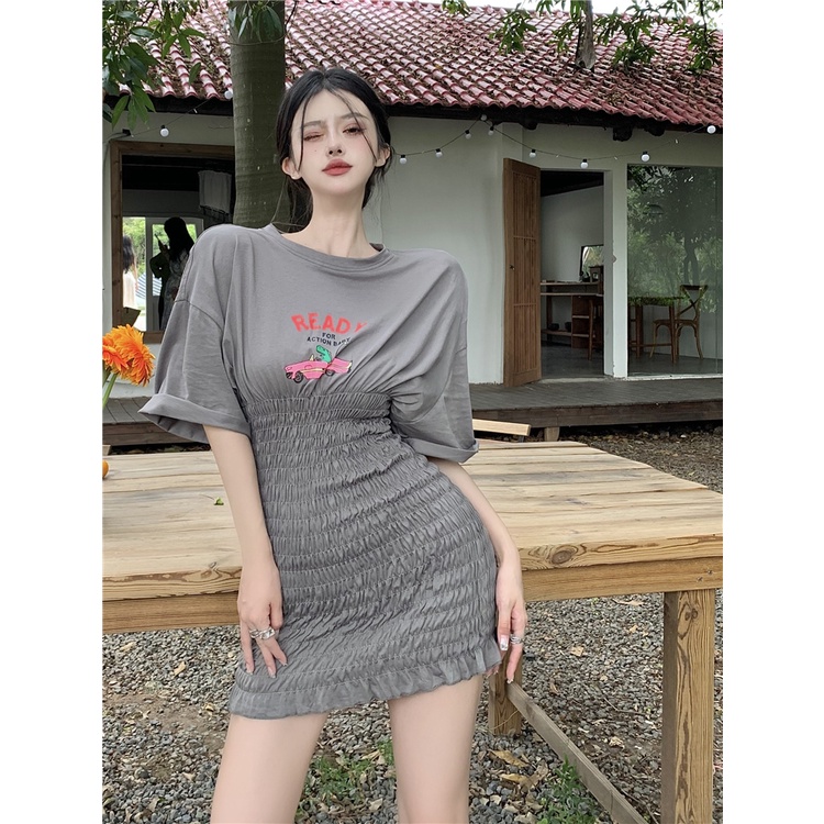 Đầm Tay Ngắn Cổ Tròn Dáng Ôm In Họa Tiết Hoạt Hình Phong Cách Hàn Quốc Thời Trang Mùa Hè Xinh Xắn Cho Nữ