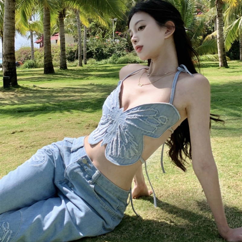 Áo Hai Dây Dáng Ôm Cột Dây Họa Tiết Bướm Thời Trang Quyến Rũ Cho Nữ