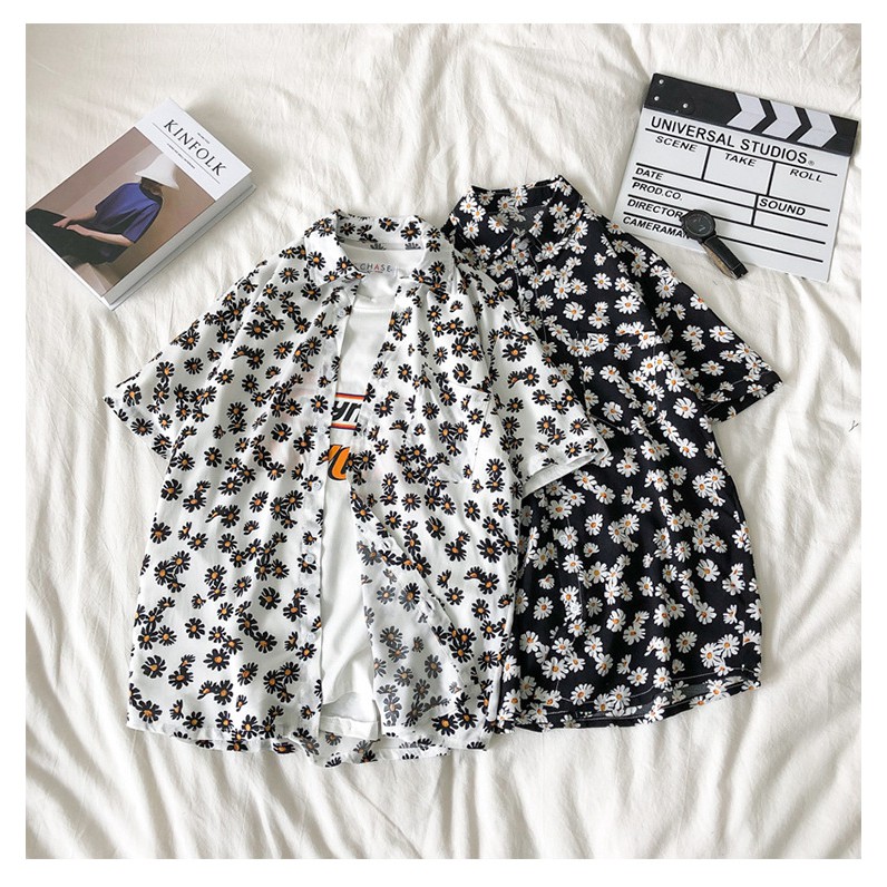 Áo sơ mi hoa cúc form rộng dáng dài Unisex phong cách HQ