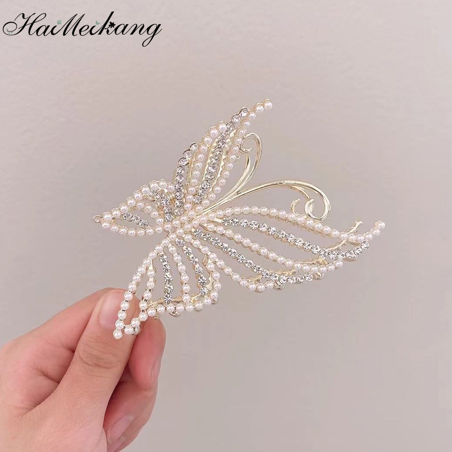 Haimeikang Thời trang Hàn Quốc Ngọc trai lớn Rhinestone Bướm nữ kẹp tóc