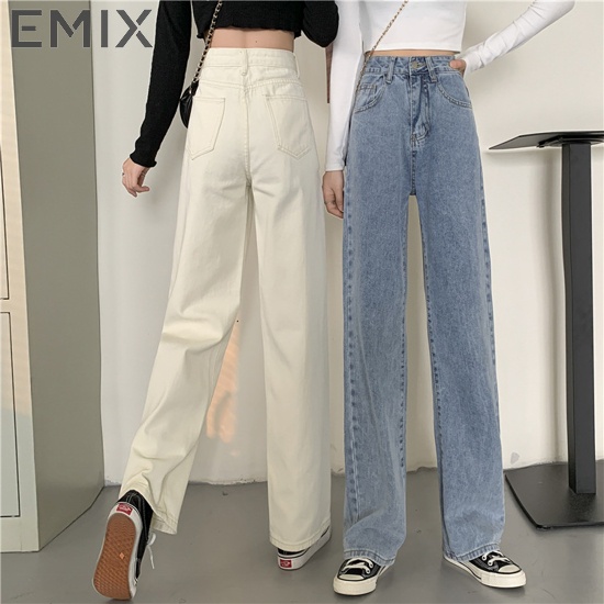 Quần jean đi học EMIX (3 màu), ulzzang, dáng dài, cạp cao, ống suông rộng, có đai, túi, chất jean mềm nhẹ 240 | BigBuy360 - bigbuy360.vn