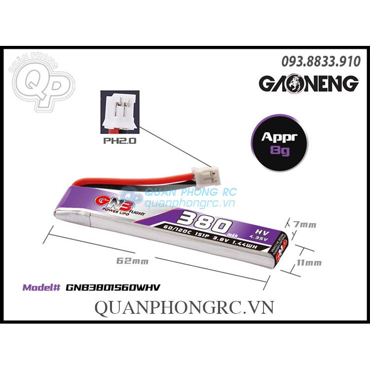 Pin GNB 380mAh 1S 60C 3.8V LiHV có dây / jack cắm