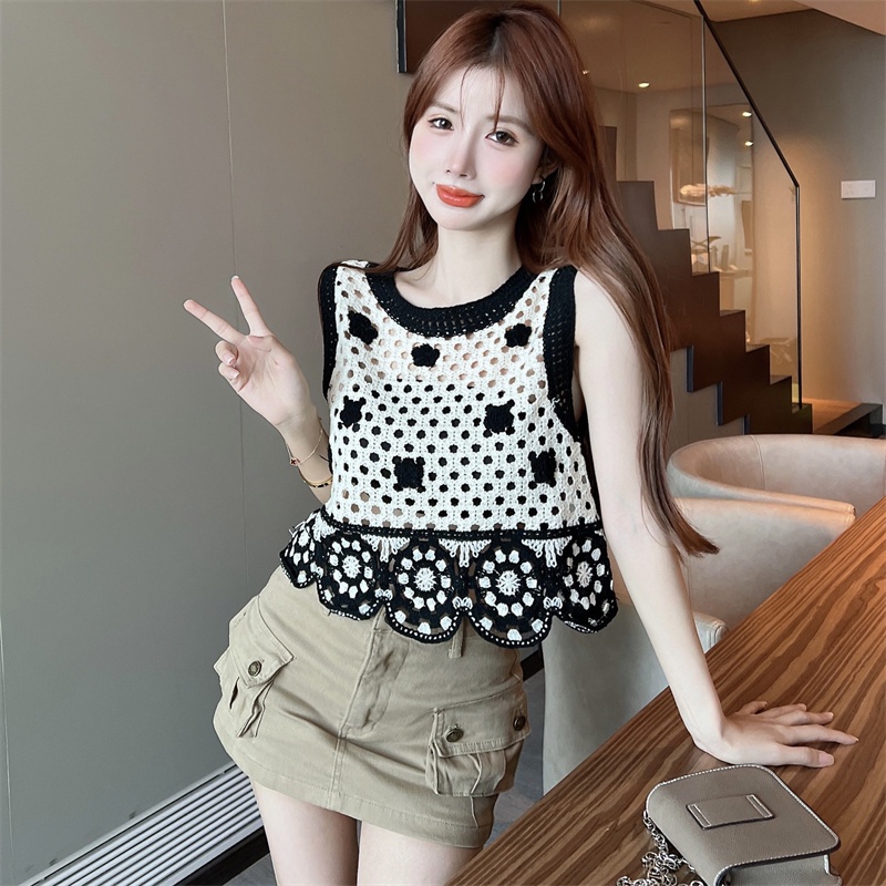 Áo croptop ZHELIHANGFEI dệt kim sát nách thêu hoa quyến rũ hợp thời trang