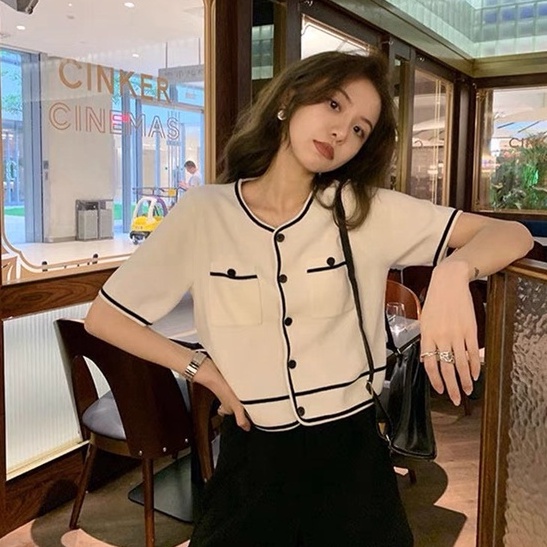 Áo dệt kim NZN ngắn tay màu tương phản thời trang Pháp cho nữ