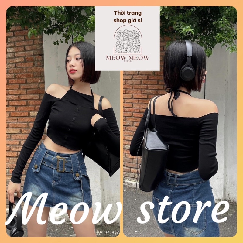 Set áo cổ yếm cột dây trễ vai viền bèo cúc giả vải gân dày