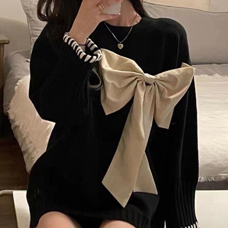 Áo dệt kim dáng rộng phối nơ thời trang mùa thu cho nữ