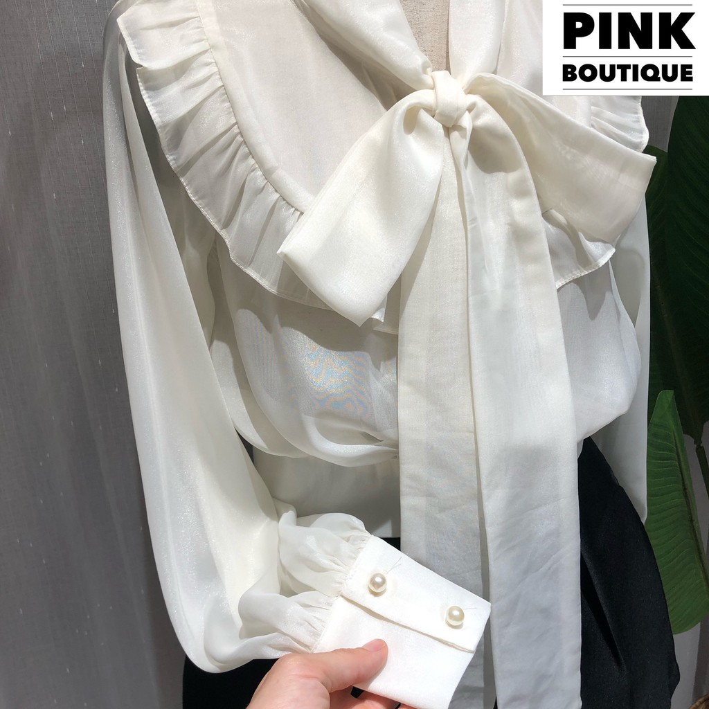 Áo Sơ Mi Croptop Cổ Nơ Dài Nữ Thiết Kế PINKBOUTIQUE