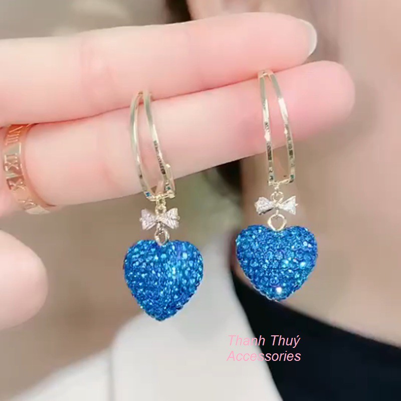 Bông tai hợp kim xi mạ bạc 925 trái tim tình yêu đính đá màu xanh phiên bản Hàn Quốc