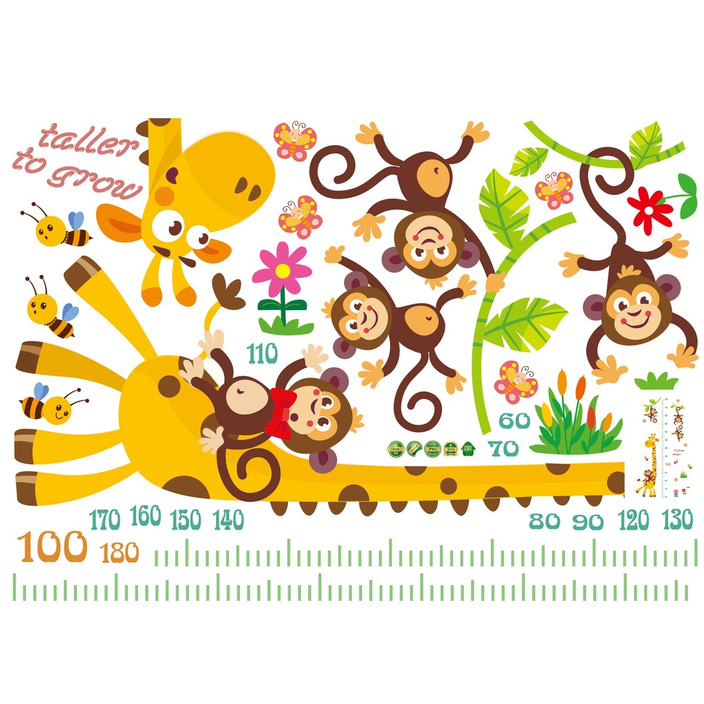 Decal dán tường hình hươu và 4 khỉ S size 50X70 Cm - trang trí phòng cho bé