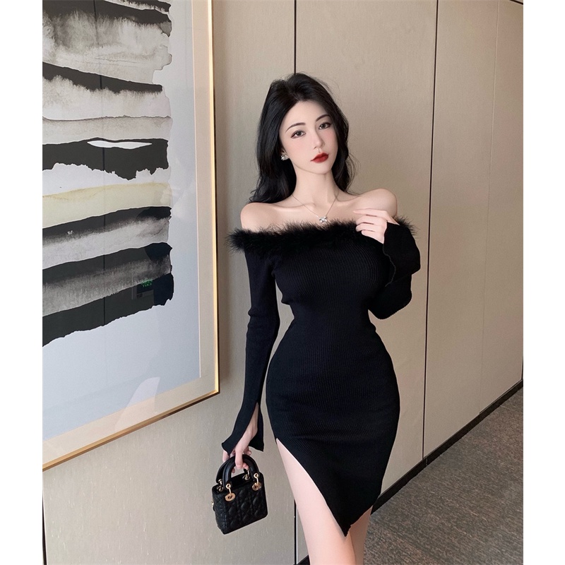 Đầm Dệt Kim Dáng Ôm Phối Lông Thời Trang Quyến Rũ Cho Nữ