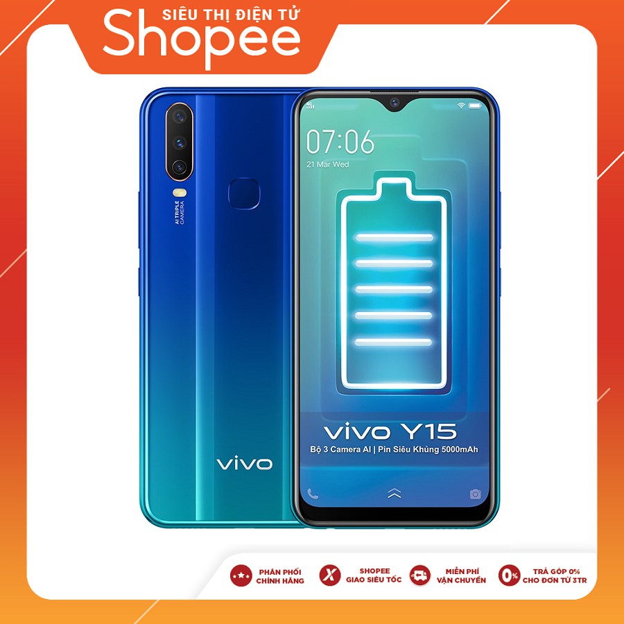 [Nhập mã VIVOT85 giảm ngay 500k] Điện thoại Vivo Y15 4Gb + 64Gb - Hàng Chính Hãng