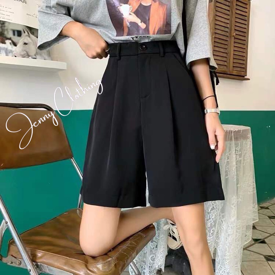 Quần Short nữ ống rộng màu đen cạp lưng cao dáng lửng dài ngang gối vải tuyết mưa mặc đi học chơi biển ở nhà đều đẹp