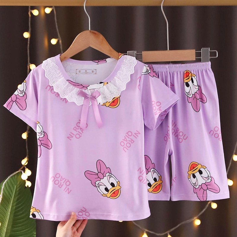 Bộ Đồ Ngủ Mặc Nhà Tay Ngắn Vải Mỏng Thiết Kế Dễ Thương Cho Bé Gái