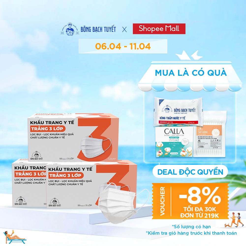 Combo 3 Hộp Khẩu trang Bông Bạch Tuyết 3 lớp trắng (50 cái/hộp)