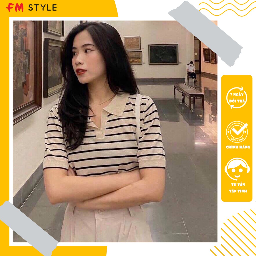 Áo kiểu nữ FM Style cổ bẻ tay ngắn họa tiết sọc ngang phong cách năng động trẻ trung thanh lịch basic 210717046